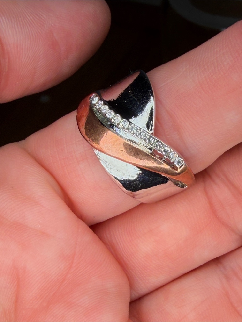 Two-Tone Rose Gold and Silver Ring with Crystal Accent Sz 8